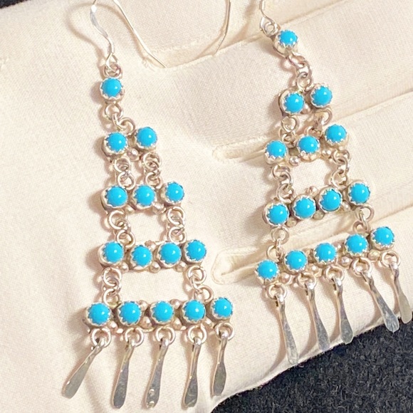 Sylvia Chee Zuni Kingman Turquoise Sterling Silver Chandelier Earrings - Picture 8 of 9
